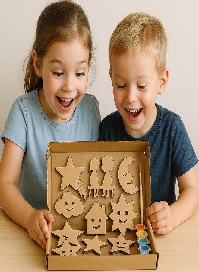 LET'S DIY Wooden Cutouts Painting Kit, 8 Pieces with 5 Paint Colours and Brush, Cloud Moon Star House Shapes for Kids Crafts Activity Kit | Screen-Free Learning & Fun for Children - Image 2